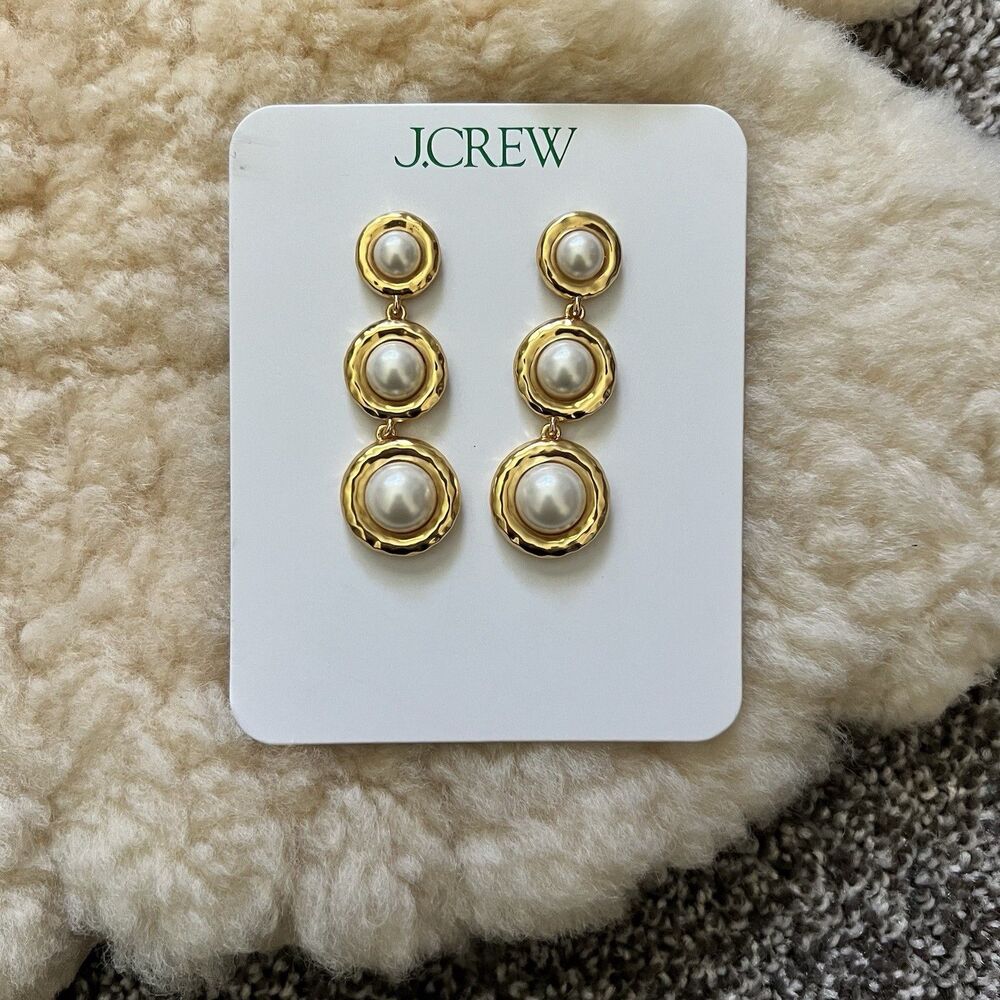J.Crew Women's NWT Inset Pearl Tiered Earrings Gold Tone Pierced